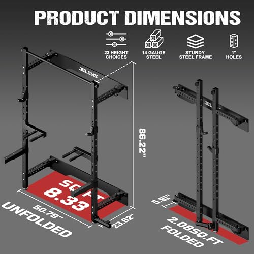 JELENS SF01 Folding Squat Rack, Wall Mounted Power Rack for Home Gym, Space Saving Multi-Functional Power Cage with More Attachments