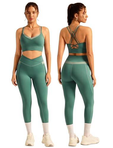 Double Layer Workout Sets for Women Color Block Yoga Gym Sets Cross Back Sports Bra Matching Crossover Leggings with Pockets - color: Green, size: Medium
