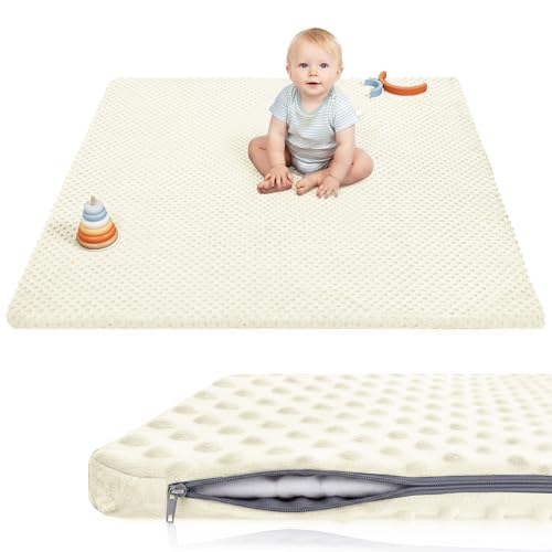 Huloo Sleep Baby Play Mat for Floor, Extra Thick 50x50 Inches Padded Mat with Ultra Soft 3D Minky Dot & Removable Washable Cover, Tummy Time Rug, Crawling Surface for Infant Toddler Kids (Cream) - color: Cream, size: 50"×50"×1.3"