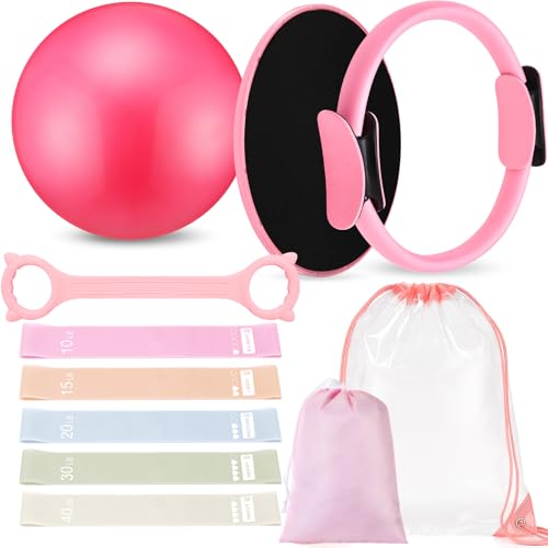 11 Pcs Pilates Ring Set for Women, Yoga Home Gym Equipment with 12" Ring, 9.8" Exercise Ball, 5 Resistance Bands, 8 Figure Strap, Core Sliders & Storage Bag, for Beginner Workouts & Gifts
