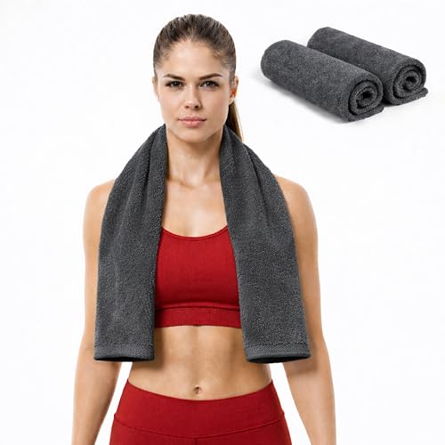Sports Towel - Double Pack (2 Pieces), 12"x51", Dark Gray, 100% Cotton - Oeko-Tex Certified, Very Absorbent and Quick-Drying, for Fitness, Gym and Yoga - color: Dark Grey