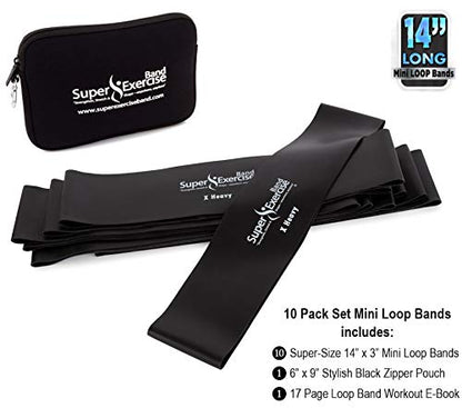 USA 14" x 3" Extra Long Latex Free Mini Loop Bands in 3, 5, 10 Pack Sets. 10 Strengths for Resistance Training, Stretching, Yoga, Toning. Plus an Exclusive iPhone App and E-Book. - color: s. Black X HEAVY Loop Band 10 Pack