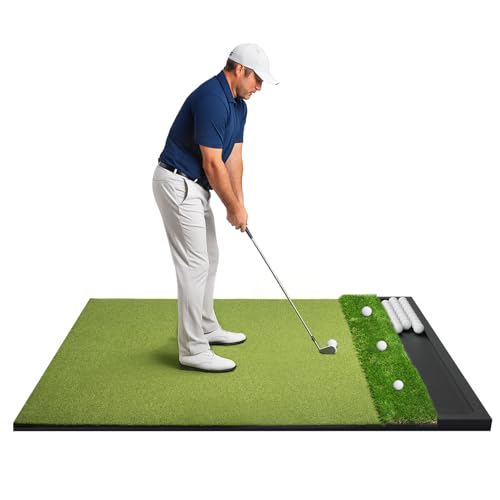 Golf Hitting Mat with Ball Tray, Dual-Turf Practice Training Mat for Indoor & Outdoor Use with 3 Rubber Tees - size: 5 x 4 ft - 1.22"