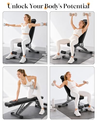 Fitness Bench, Adjustable, Comfortable, Fashionable, Foldable and Extended Headrest with 192 Positions Incline Decline 900LBS Home Gym Bench for Strength Training