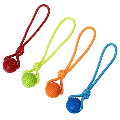 Dog Training Ball on A Rope Rubber Dog Rope Toys Ball with Handle for Tug of War K9 Training Rewards for Belgian Malinois Gifts, 5cm in Diameter for Small Dogs 0-30 Lbs, Pack of 4