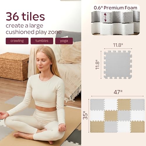 Foam Play Mat for Floor - 12 Interlocking Tiles 35x47 in, 0.6" Thick Puzzle Mat for Baby, Toddler & Home Gym, Cross-Texture EVA Foam, Edge Borders Included, White Tan Gray