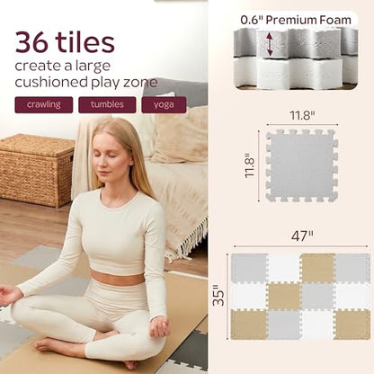 Foam Play Mat for Floor - 12 Interlocking Tiles 35x47 in, 0.6" Thick Puzzle Mat for Baby, Toddler & Home Gym, Cross-Texture EVA Foam, Edge Borders Included, White Tan Gray