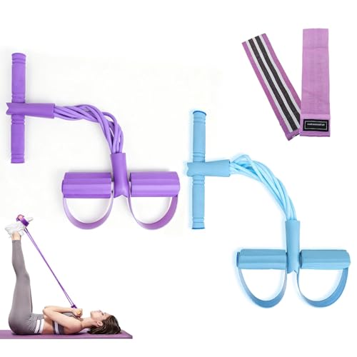 2 Pack 8-Tube Pedal Resistance Bands, Elastic Sit-Up Pull Rope with Handles for Abdomen, Waist, Arm and Leg Stretching, Home Gym Fitness Workout (Blue/Purple)