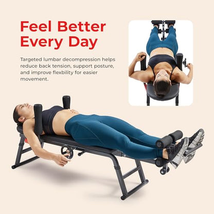 Sunny Health & Fitness No-Hang Traction & Inversion Decompression Table for Back Pain Relief, Adjustable Stretch Bench, 400 LB Capacity - size: 15" Height