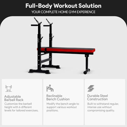 BalanceFrom Adjustable Folding Multifunctional Workout Station Adjustable Olympic Workout Bench with Squat Rack - color: Black/Red