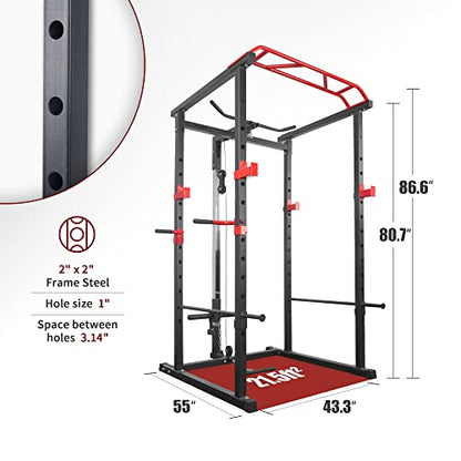 Power Cage 1000-Pound Capacity Exercise Stand Olympic Squat Cage Power Rack with LAT Pull-Down Attachment, Multi-Grip Pull-up Bar and Dip Handle for Men Women Strength Training Home Gym Equipment