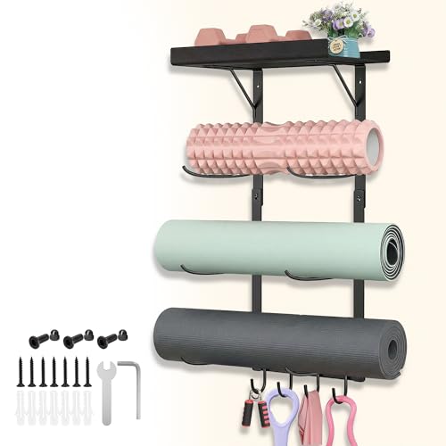 Yoga Mat Holder Wall Mount - 4 Tier Home Gym Storage Rack with Shelf & 5 Hooks, Gym Equipment Organizer & Wall Storage for Workout Room Decor