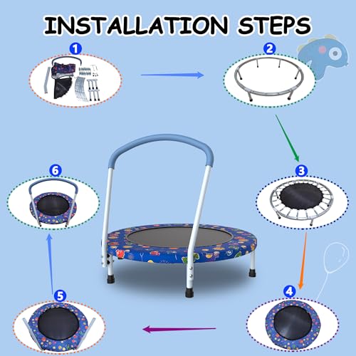 36" Mini Toddler Trampoline with Handles, Indoor Quiet Kids Trampoline with Super Safety Mat and Durable Steel Frame, Indoor/Outdoor - color: Deep Blue Print