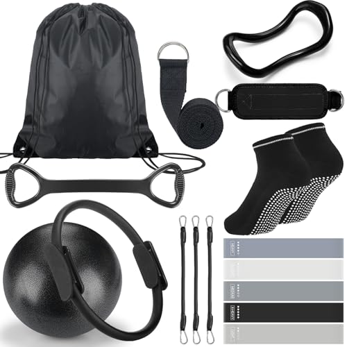Pilates Ring Circle Set 18 Pcs Exercise Equipment Accessories for Women Workouts Pilates Ball Stretching Strap Magic Circle Yoga Ring Gym Back Bag Resistance Band Anti Slip Socks - color: Black