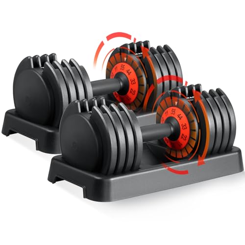 SKOK 25/55 lbs Pair Adjustable Dumbbells Set, Adjustable Weights Dumbbells Set for Men and Women with Anti-Slip Fast Adjust Weight by Turning Handle Dumbbell with Tray - color: 55lbs-Black-Pair