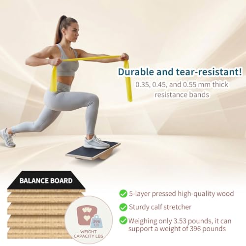 Balance Board Trainer Set with Resistance Bands for Adults Wooden Wobble Board for Core Strength, Stability & Balance Training, Includes 3 TPE Exercise Bands