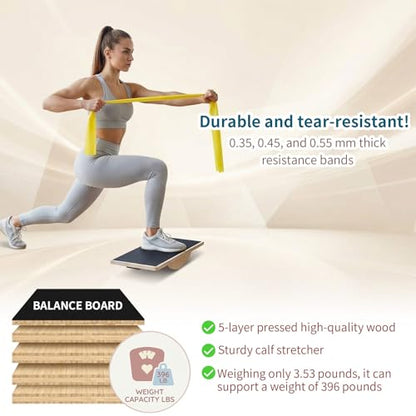 Balance Board Trainer Set with Resistance Bands for Adults Wooden Wobble Board for Core Strength, Stability & Balance Training, Includes 3 TPE Exercise Bands