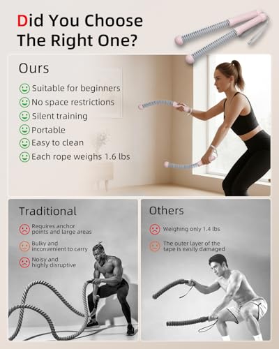 Abahub Weighted Ropeless Battle Rope, Portable Silent Home Workout Equipment, Space Saving Home Gym with Workout Gloves, HIIT and Low-Impact Aerobic Training for Men & Women, 2PCS Pink