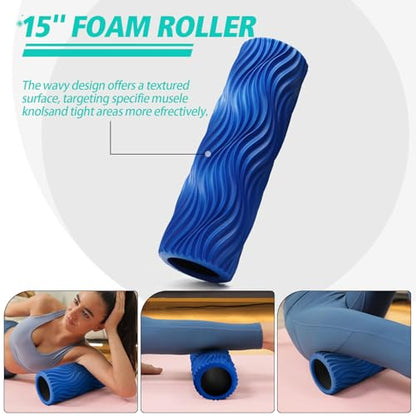 Krightlink 5-in-1 Foam Roller Set, Massage Roller Stick, Massage Ball, Resistance Band for Deep Muscle Massage, Trigger Point Release, Pilates, Yoga (Blue-Wave) - color: Blue-wave(5 in 1)