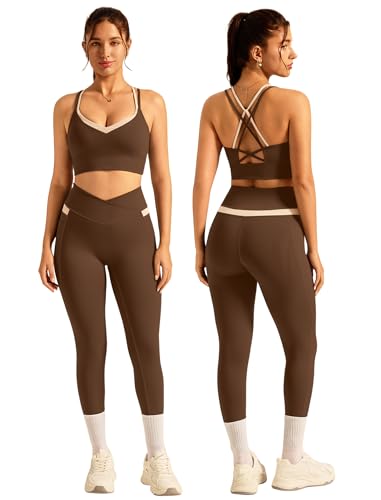 Double Layer Workout Sets for Women Color Block Yoga Gym Sets Cross Back Sports Bra Matching Crossover Leggings with Pockets - color: Brown, size: Large