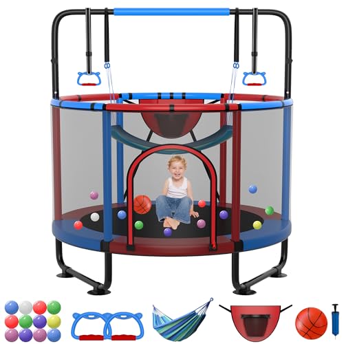 SKYUP 54"/60''/66" Mini Trampoline for Kids Ages 3+, 400LBS No-Gap Toddler Trampoline with Net, Swing, Adjustable Gymnastics Bars, Basketball Hoop, Indoor/Outdoor Trampoline, Boys & Girls Gifts Toys - color: Red, size: 4.5FT