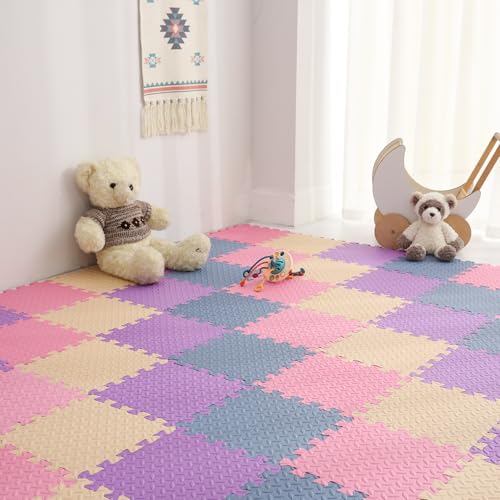 Foam Play Mat for Baby, EVA Non-Toxic Interlocking Floor Mats, Solid Colored Foam Puzzled Floor Mats, Baby Play Mat Exercise Mats, 16 Tiles(Beige/Pink/Purple/Gray Blue) - color: Beige/Pink/Purple/Gray Blue, size: 16 Pcs/47.2*47.2