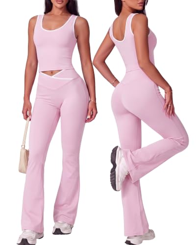 Coume Women 2 Piece Seamless Workout Sets Crossover Flare Leggings Crop Tank Top Matching Set Color Block Gym Yoga Outfits - color: Pink, size: Small