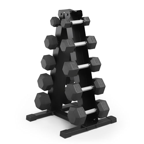 Marcy Classic Rubber Hex Dumbbell with Knurled Grip for Strength Training and Bodybuilding, 5lb - 50lb Single Dumbbell for Exercise & Fitness, Sold Individually - style: 150lb Set with Rack