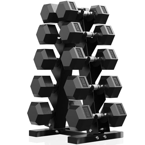 PAPABABE Dumbbell Set Rubber Encased Hex Dumbbell Free Weights Dumbbells Set Home Weight Set- 175lb Set (Pair of 12.5, 15, 17.5, 20, 22.5 lb with Rack)