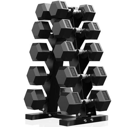 PAPABABE Dumbbell Set Rubber Encased Hex Dumbbell Free Weights Dumbbells Set Home Weight Set- 175lb Set (Pair of 12.5, 15, 17.5, 20, 22.5 lb with Rack)