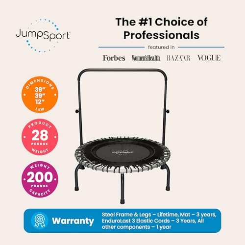 JumpSport 39" Fitness Trampoline and Handle Bar | Model 350i | Matte Black | Exercise Rebounder | 30 Adjustable Bungees | 275 lb Wt. Rating