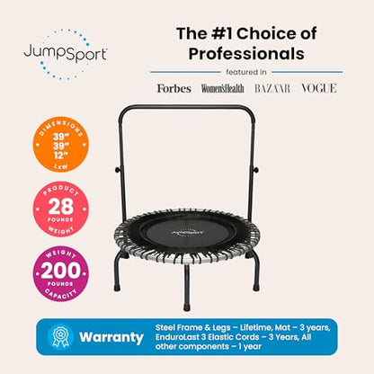 JumpSport 39" Fitness Trampoline and Handle Bar | Model 350i | Matte Black | Exercise Rebounder | 30 Adjustable Bungees | 275 lb Wt. Rating