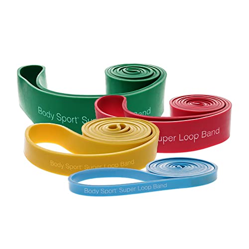 Body Sport Super Loop Band 41-Inch, Latex, Exercise Chart Included – Bands for Working Out – Exercise Band - color: X-Heavy Resistance - Green