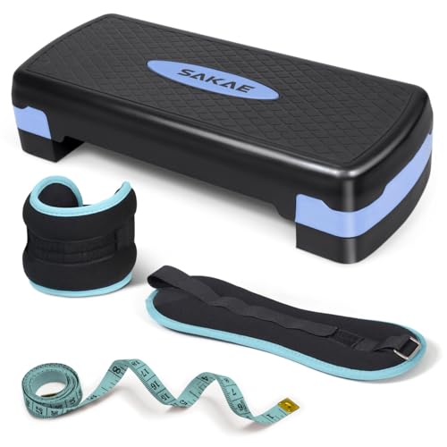 Adjustable Height Aerobic Stepper Set, Multiple Bundle Options with Dumbbells, Kettlebell, Waist Trimmer, Ankle Weights or Weighted Vest, Workout Exercise Step Platform w/Level Risers, 4 Colors - color: Blue Black, size: c. W/ Ankle Weights