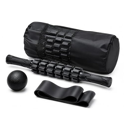 5 in 1 Foam Roller Set with Trigger Point Foam Roller, Massage Roller, Massage Ball and Stretching Strap for Physical Therapy, Muscle Recovery, Yoga, Pilates and Home Workout, Black
