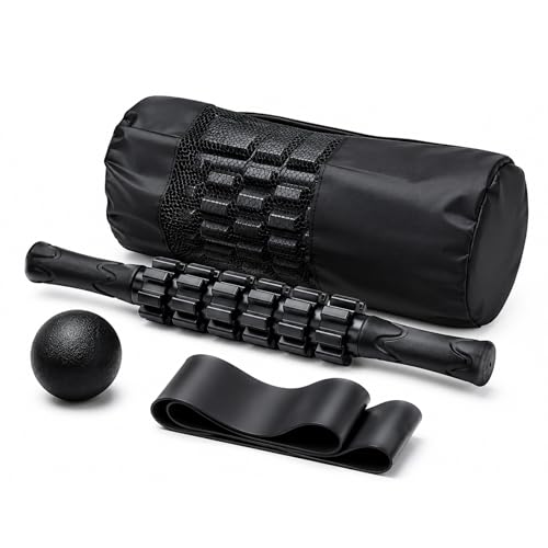 5 in 1 Foam Roller Set with Trigger Point Foam Roller, Massage Roller, Massage Ball and Stretching Strap for Physical Therapy, Muscle Recovery, Yoga, Pilates and Home Workout, Black