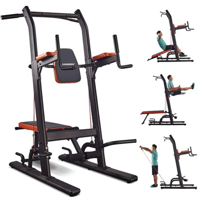 Multifunction Power Tower with Bench, Heavy Duty Pull Up Bar Dip Station for Home Gym Workout Strength Training Fitness Equipment
