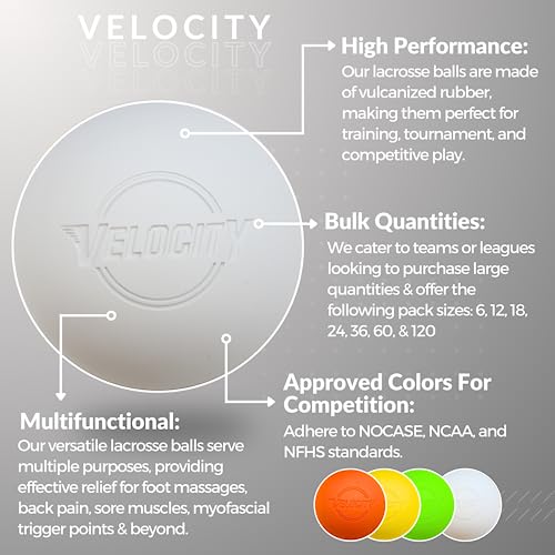 Velocity Lacrosse Balls - Practice Balls, Official NFHS, SEI, and College Approved Size - Meets NOCSAE Standard - Approved Competition Colors - Case of 60 & 120 with Ball Bag