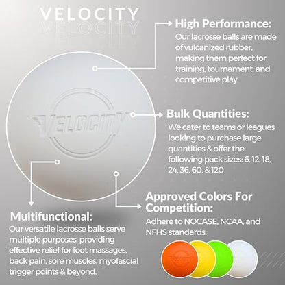 Velocity Lacrosse Balls - Practice Balls, Official NFHS, SEI, and College Approved Size - Meets NOCSAE Standard - Approved Competition Colors - Case of 60 & 120 with Ball Bag