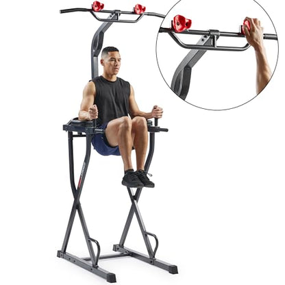 Sunny Health & Fitness Power Tower Dip Station & Pull-Up Bar, Multi-Function Strength Training Equipment with Captain’s Chair, Push-Up Bars & Core Workout for Home Gym