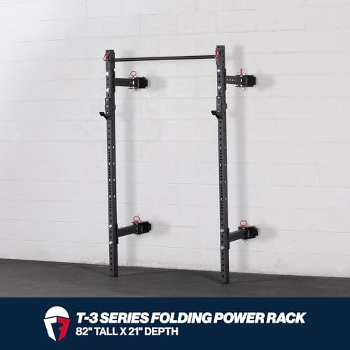 Titan Fitness T-3 Series Wall Mounted Folding Power Rack, 82" Height x 21" Depth, Compact Space-Saving Rack, 2x3 11-Gauge Steel Uprights, Includes J-Hooks & Pull-Up Bar