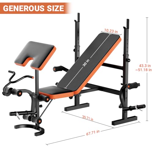 Adjustable Weight Bench, Bench Press with Squat Rack, Olympic Weight Bench for Home Gym, Workout Bench with Preacher Curl Pad and Leg Develope for Full-Body Strength Training