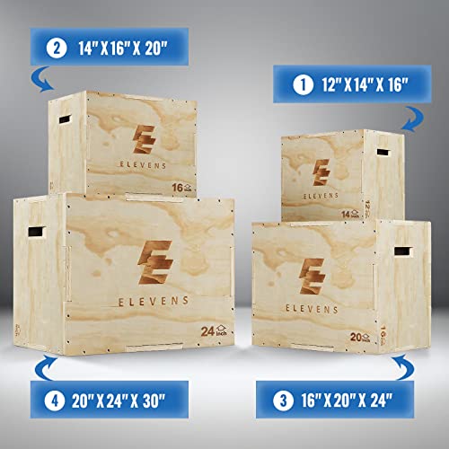 Elevens 3 in 1 Wooden Plyo Box Jump Box Plyometric Box for Jumping Trainer, Skipping, Jumping, Lunges, Box Jumps, Squats, Step-Ups, Dips - color: 16"x12"x14"