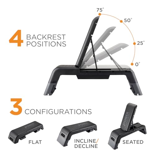 Power Systems Step Bench & Weight Bench | Aerobic Platform & Plyo Box for Cardio, Strength | Commercial Grade Full Body Home Gym Stepper with Adjustable Multifunctional Deck & Resistance Band Clips