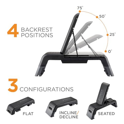Power Systems Step Bench & Weight Bench | Aerobic Platform & Plyo Box for Cardio, Strength | Commercial Grade Full Body Home Gym Stepper with Adjustable Multifunctional Deck & Resistance Band Clips