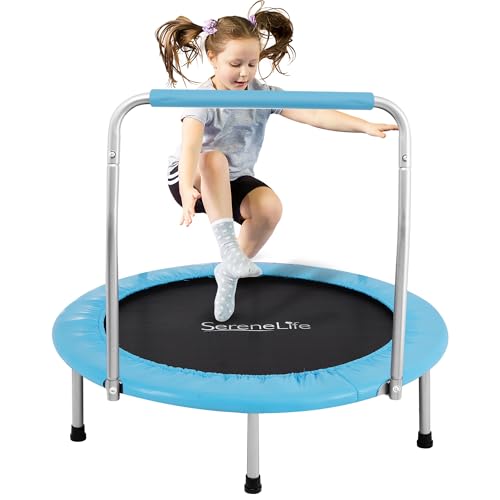 SereneLife 36″ Foldable Mini Trampoline for Kids - Compact Fitness Rebounder with Foam Handle - Safe, Stable Exercise Trampoline with 330lbs Max Load for Indoor/Outdoor Active Play & Exercise - color: Light Blue
