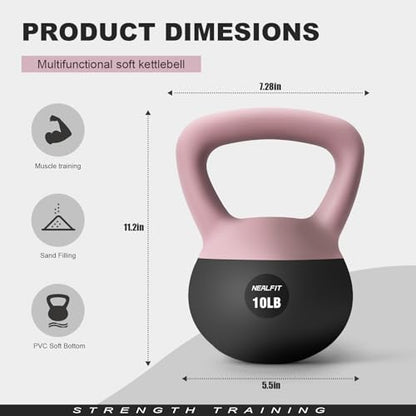 NEALFIT Soft Kettlebell 5LB/10LB/15LB/20LB/25LB, Kettlebells for Home Gym Strength Training, Anti-Slip Fitness Weights for Men Women - color: 5LB Pink-Graphite Black