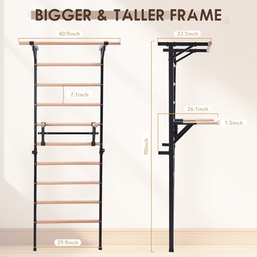 Solid Beechwood Stall Bar, 90" Swedish Ladder Wall Gym with Pull-up Bar & Dip Station, 220lbs Capacity Wall Mounted Gymnastics Ladder for Home Gym Training, Stretching & Bodyweight Exercise
