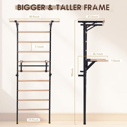 Solid Beechwood Stall Bar, 90" Swedish Ladder Wall Gym with Pull-up Bar & Dip Station, 220lbs Capacity Wall Mounted Gymnastics Ladder for Home Gym Training, Stretching & Bodyweight Exercise