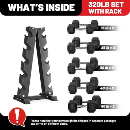 Hex Dumbbell Sets with Rack, 85-560lb Dumbbell Weight Set & Storage Rack - size: 320lb (15, 25, 30, 40, 50lb)x2& Rack